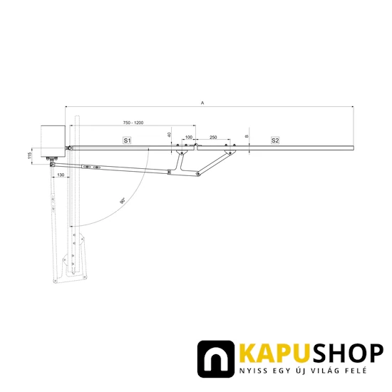 Teleszkópos összecsukható szárnyaskapu vasalat rendszer műszaki rajz