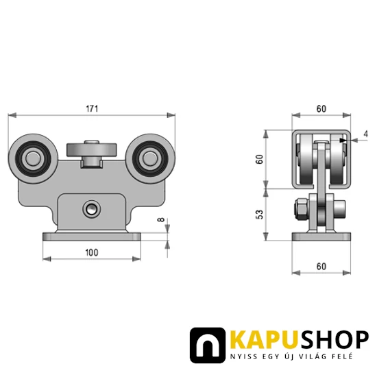 Úszókapu görgő, öt csapágyas, hegeszthető talppal, 60x60x4 mm-es C-sínhez