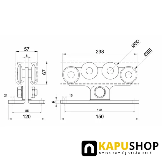 Úszókapu görgő 2160,8 csapágyas,57x67mm sínhez
