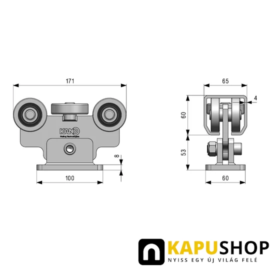 Úszókapu görgő, 5 csapágyas, furatos, 65x60x4 mm-es C-sínhez