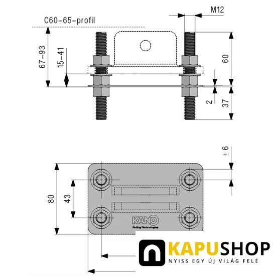 Állítható talp csavarral betonozható, C75 sínbe illeszkedő furatos talpas görgőkhöz