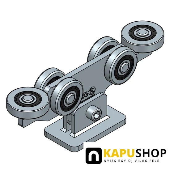 Úszókapu görgő, 6 csapágyas, furatos, 65x60x4 mm-es C-sínhez