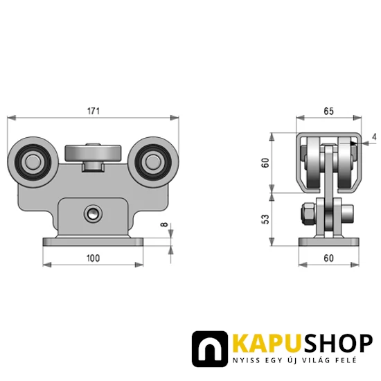 Úszókapu görgő, öt görgős,hegeszthető, 65x60x4 mm-es C-sínhez