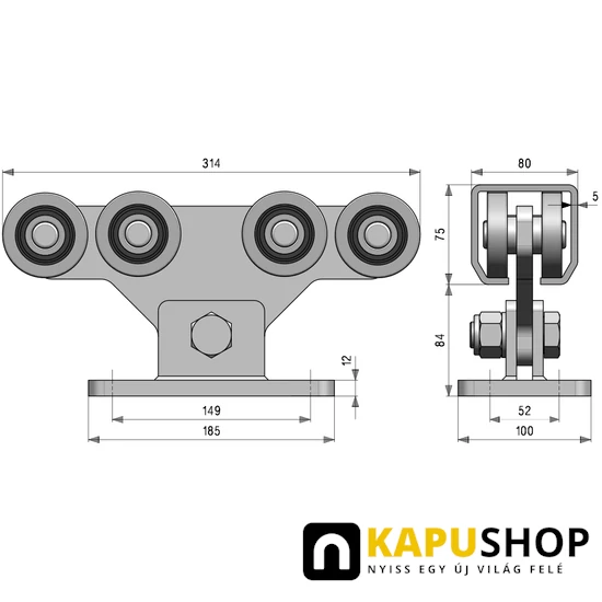 Úszókapu görgő G75/8F 80x7méretei5x5 mm sínhez, úszókapuhoz furatos 